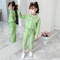 Girls Suits  Spring and Autumn Children's Long-sleeved Lapel Design Tooling Suit Casual Fashion Solid Color Two-piece 160 žalia