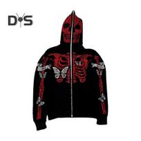 Unisex Halloween Hoodie Rhinestone Ghost Skeleton Pattern Zipper Closure Hooded Pockets Long Sleeves Party Cosplay Costume Fall Winter Jacket M raudona