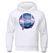 Japanese Vaporwave Style Cherry Blossom Mount Fuji Mens Hoodie Fashion Fleece Hoodies Casual Oversize Clothes Loose Sweatshirt S white