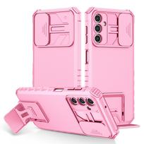 Šarvuotas laikiklis dėklas, skirtas Samsung Galaxy A15 5G A25 A35 A55 A05 A05S A14 A24 A34 A54 Dangtelis Stumdomas Apsauginis Objektyvas Atlenkiama Atrama Smūgiams Atsparus Pilnas Dangtelis For Samsung A23 5G rožinė