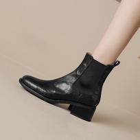 Krazing Pot Cow Skin Round Toe Winter Chunky Heels Chelsea Boots Women Leisure  Ankle Boots 34 juoda