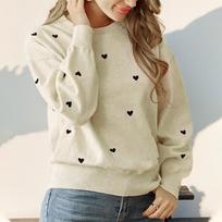 New Autumn Heart Print Round Neck Sweaters for Women Fashion Winter Clothing Elegant Casual Knitted Sweater Woman Vintage Sweet Loose Knitwear 24732 S smėlis