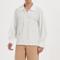 Summer Men's Solid Color Retro Medieval Sub-shirt Renaissance Lace-up Pirate Top Tee Shirt S balta