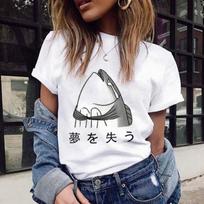 Estetiški marškinėliai su žuvies galva, grafiniai marškinėliai Moteriški japoniški laiškai Juokingi „Lost Dream Tumblr“ marškinėliai Korėja L balta