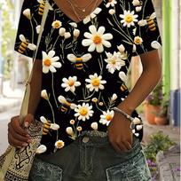 Vibrant Floral Print V-Neck T-Shirt - Relaxed Fit, Short Sleeve, Casual Style for Spring & Summer - Womens Fashion Essential for Everyday Wear S