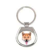 Šiba Inu, Japonų mažo dydžio šuo, Japonų krūmynų šuo - geometrinis raktų pakabukas su nuotrauka ir užrašu Art-Dog balta