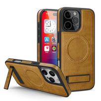 KEYSION Prabangus PU odos magnetinis dėklas su MagSafe, skirtas iPhone 16 Pro Max, su stoveliu, smūgiams atsparus telefono dėklas, skirtas iPhone 15 Pro Max for iPhone 15 Pro ruda