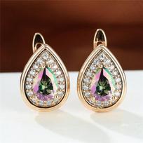 Rainbow Crystal Water Drop Stone Earrings Vintage Rose Gold Bridal Earrings Rose Red Green Zircon Hoop Earrings For Women gray