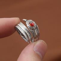 S925 Sterling Silver Jewelry Personalized Handmade Retro Thai Silver Feather Opening Ring Resizable