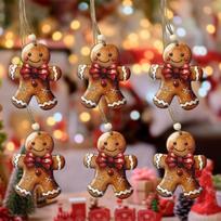 6 Pieces Gingerbread Man Pendants Christmas Decoration Handcraft with Ropes DIY Craft Xmas Tree Style A