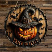 Wooden Craft Door Plaque Decoration Circular Logo Witch Wooden Plaque Halloween Decoration Sign With Pumpkin Scarecrow 01