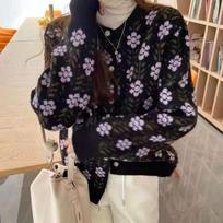 Autumn Vintage Floral Print Knitted Cardigan Women's Coat Winter Round Neck Casual Slim Woman Sweater Jacket Elegant Fashion Buttons Knitwears 25020 One Size juoda