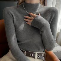 Autumn New Half High Collar Slim Fit Knitted Sweater Women Tops Long Sleeve Casual Warm Base Pullover Sweaters Female Fashion Winter Clothing 25048 One Size pilka spalva