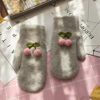 Women Winter Cute Lovely Keep Warm Mittens Full Finger Knitting Gloves Cherry Plus Velvet Inside Thicken Windproof Soft Female One Size