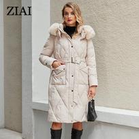 Astrid Winter Moteriška Parka Didelė kailinė apykaklė, gobtuvo diržas Storas šiltas paltas ilga pūkinė striukė dygsniuotas paltas Moteriški drabužiai ZR-30220 S smėlis
