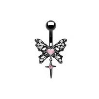 Personality Hip Hop Belly Button Rings For Women Girls Belly Piercing Jewelry Butterfly Skull Pendant Navel Rings Body Jewelry pink