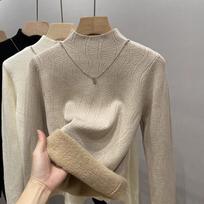 Half High Neck Plush Warm Pullover Sweater for Women Autumn and Winter Long Sleeve Fleece Base Sweater Woman Elegant Solid Slim Casual Jumpers 25217 One Size