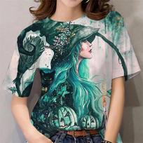 Halloween Pattern T Shirt For Women Witch 3D Printed Short Sleeves Summer Casual Oversized T-Shirts O-Neck Tops Tees Streetwear S