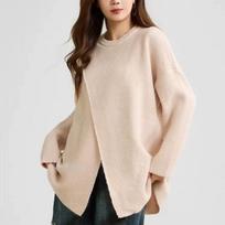 Fashion Vintage Loose Irregular Slit Knitted Sweater for Women Winter Long Sleeve Casual Pullover Women Sweaters Jacket Tops Round Neck Knitwear 25253 One Size