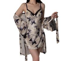 Women Sexy Lingerie Outer Robe Set Erotic Butterfly Print Deep V Suspender Nightgown Porn Cardigan Lace Up Outer Robe Sex Costumes one size gray