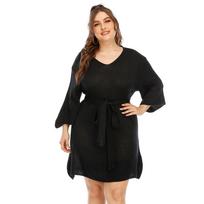 Women's Autumn and Winter Big Size Flare Sleeve Sweater Dress Waist Tie Dresses XL juoda