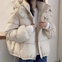 Elegantiškas korėjietiškas medvilninis parkas su gobtuvu žieminis negabaritinis paltas Storas šiltas laisvas švarkas moteriškas solidus madingas viršutinis drabužis su užtrauktuku Naujas L smėlis
