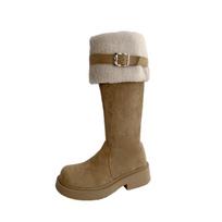 Thick Sole Snow Boots Women's Faux Fur Fashion Over-the-Knee Boots New Winter Warm Furry Boots Belt Buckle Casual Cotton Shoes 35