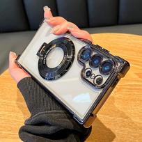 Prabangus belaidis įkrovimas, skirtas Magsafe žiedinio laikiklio dėklui, skirtas Samsung Galaxy S24 Ultra S23 S22 S21 Plus skaidrus magnetinis buferio dangtelis For Samsung S24 Ultra juoda