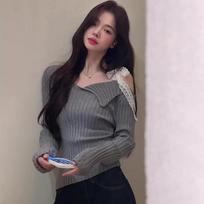 Autumn Slim Fit Irregular Skew Neck Sexy Pullover Sweaters Women Patchwork Lace Ribbon Knitted Sweater Woman Elegant Solid Casual Base Knitwear 25349 S pilka spalva