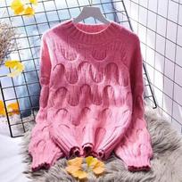 Vintage Lantern Sleeves Casual Autumn Sweater Women Winter New Loose Thick Pullovers Knitted Sweaters Women Round Neck Elegant Soft Warm Jumpers 25399 One Size rožinė
