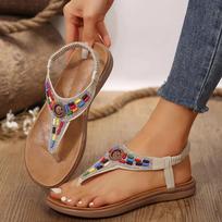 Fashion Luxury Women's Bohemia Sandals 2024 Summer Clip Toe Mix Color Flat Heels Sandals Women Bling Crystal Non-Slip Rome Shoes Ladies 36 smėlis