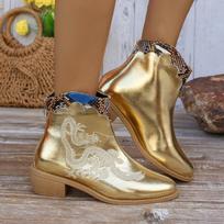 Madingos rudens naujos stambiu kulnu viengubos moteriškos batai su smailiu priekiu, spalvų derinimo, užtrauktuku gale, patogūs vidutinio kulno trumpi batai 41 auksas