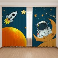 Cartoon Space Rocket Space Astronaut Children's Room Boy Bedroom Bay Window High Shading Fashion Various Color Pattern 2Panels W55 X H120cm X 2&Grommet Top white