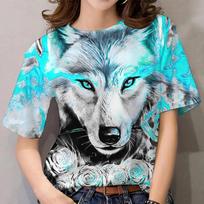 Women's T-shirt 3d Animal Print Short Sleeve Wolf Tops Tees Fashion Casual Oversized Male Streetwear Gothic Harajuku Clothing S blue
