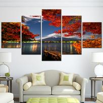 5 Pieces Canvas Painting Fuji Mountain Lake Flowers Poster on the Wall Decoration Modern Home Decor Picture No Frame 20x35cm*2  20x45cm*2  20x55cm*1 No Frame gray