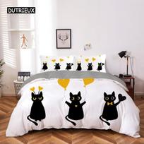 Cartoon Cat Duvet Cover Set Microfiber Black Kitten Yellow Love Heart Pattern Bedding Set 2/3pcs Queen King Size Comforter Cover EU single(135x200cm) white