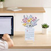 Bloomy Flowers Desk Calendar Desktop Standing Gift Stand up for Office White 22x10cm beige