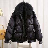 Black Thick Fur Collar Cotton Jacket Women's Winter Loose Long-sleeved Cotton Jacket XXL juoda