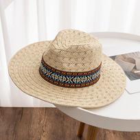Bohemian Jazz Fedora - Ethnic Style Straw Panama Hat  Perfect for Beach & Outdoor Adventures, Neutral, Woven, Summer Work Hat ONE SIZE smėlis