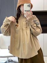 Johnature Japanese Forest Fungus Stand Collar Half-open Corduroy Shirt Women Autumn Winter Loose Versatile Tops Women One Size kava