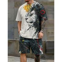 Outdoor Casual Men's Short Sleeve Set Majestic Lion Printed Round Neck Short Sleeve Shorts Set Trendy Men's Two Piece Set S black