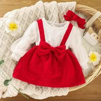 Girls' Lantern Sleeve Dress Splice Fake Two-piece Set Thickened Pullover Round Neck Long Sleeve A-line Puffy Skirt Red Bow Sweet Lovely Spring Autumn 73 balta