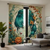 2pcs HD National Tide fill color girl decorative curtain Green tie digital printed curtain Home Decoration style Decoration l W52H63inchW132H160cm