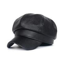 Retro PU aštuonkampė beretė: Koreietiško stiliaus odinė kepurė su snapeliu vyrams – rudens/žiemos mados tendencija octagonal hat, adjustable juoda