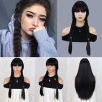 Sintetinis ilgas tiesus juodas perukas Dvigubai supintas peruko priauginimas Karščiui atsparus plaukas moterims Cosplay kasdieniam naudojimui 60cm gray
