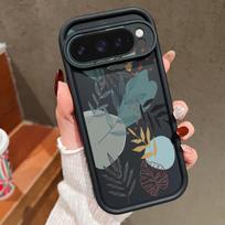 Augalų Gėlių Rašto Objektyvo Apsaugos Matinis Dėklas Google Pixel 9 Pro XL 8 Pro 8A Silikoninis TPU Minkštas Smūgiams Atsparus Telefono Dėklas Google Pixel 9 juoda