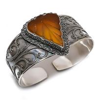 Yellow Onyx Carving Gemstone 925 Sterling Silver Cuff Bangle Adjustable a6T56