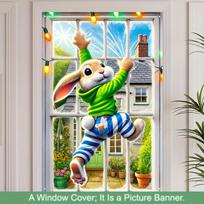 Easter Bunny Window Cling Banner, Vibrant Polyester Green-Striped Bunny Decor, Easy-Hang Rabbit Accessories for Home, Window Decoration, Easter Party 80x120cm