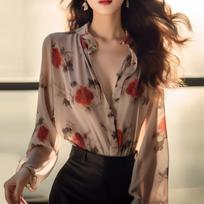 Beautiful Little Shirt Niche Design Sense Hong Kong Style Retro Rose Printed Chiffon Shirt for Women Early Autumn M