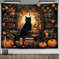 Black Cat Library Tapestry Wall Hanging Occult Witchy Altar Cloth Tarot Tapestrys Aesthetic Bedroom Decor Printed Tapestries 95x73cm